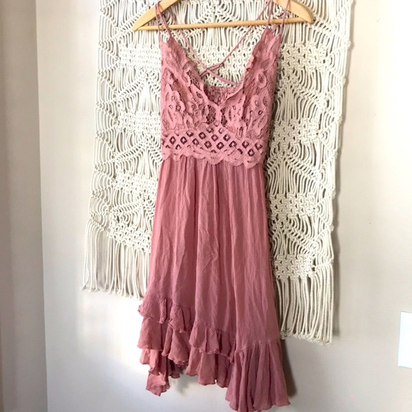 Free People boho Gypsy flowy pink lace mini dress sz Small - Picture 1 of 11